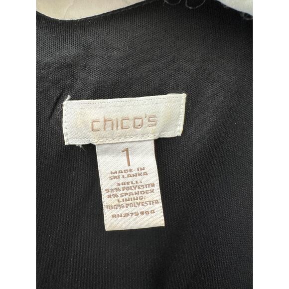 CHICO’S | Abstract Black Cream Ruched Sheath Dress Short Sleeve | Size 1 Medium - Picture 6 of 7